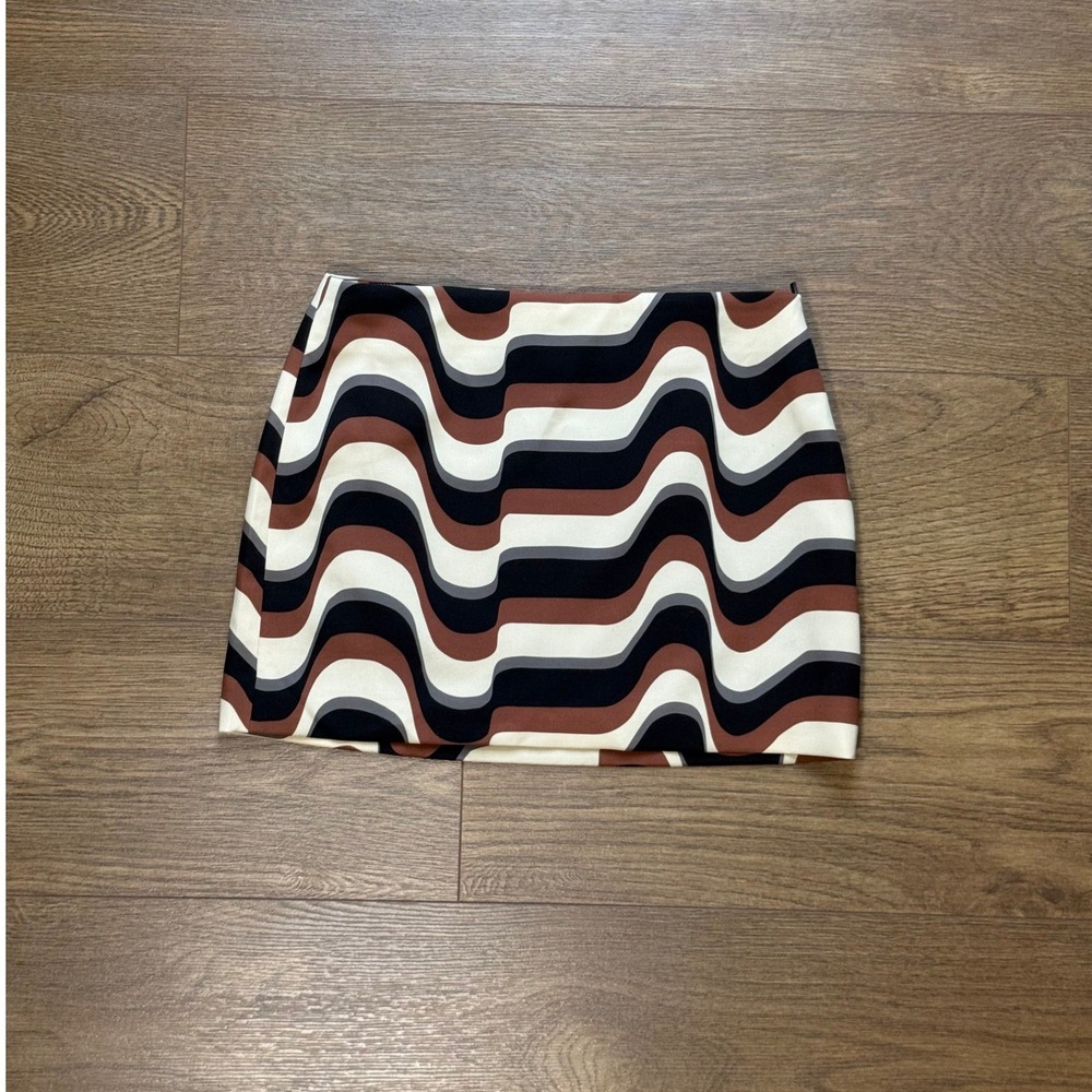 MNG Mango Wavy Psychedelic Print Mini Skirt Brown Cream Black XS